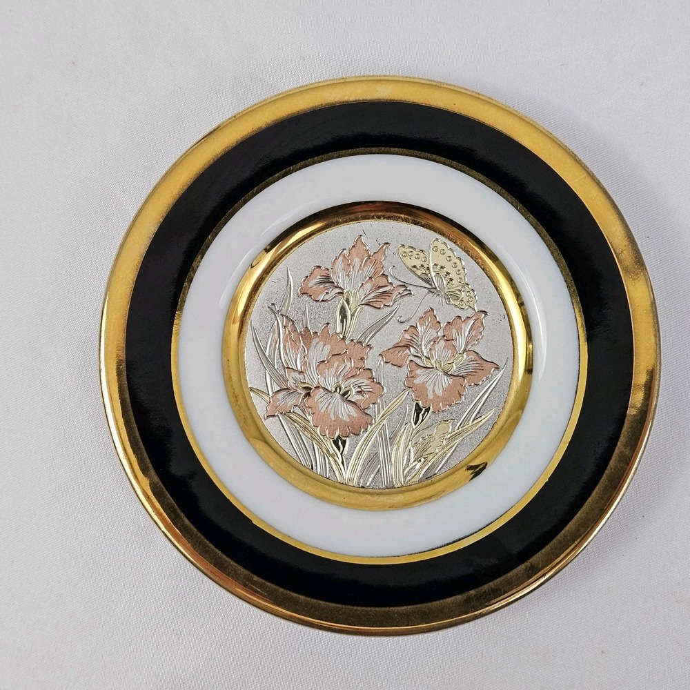 Vintage Chokin Plate 24K Gold Trim Butterfly Floral Iris MCM Collectible